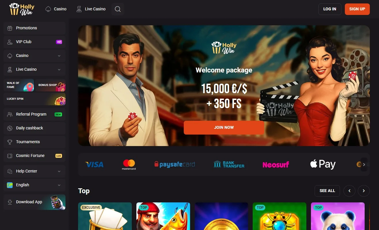 casino neteller: la homepage del casinò Hollywin