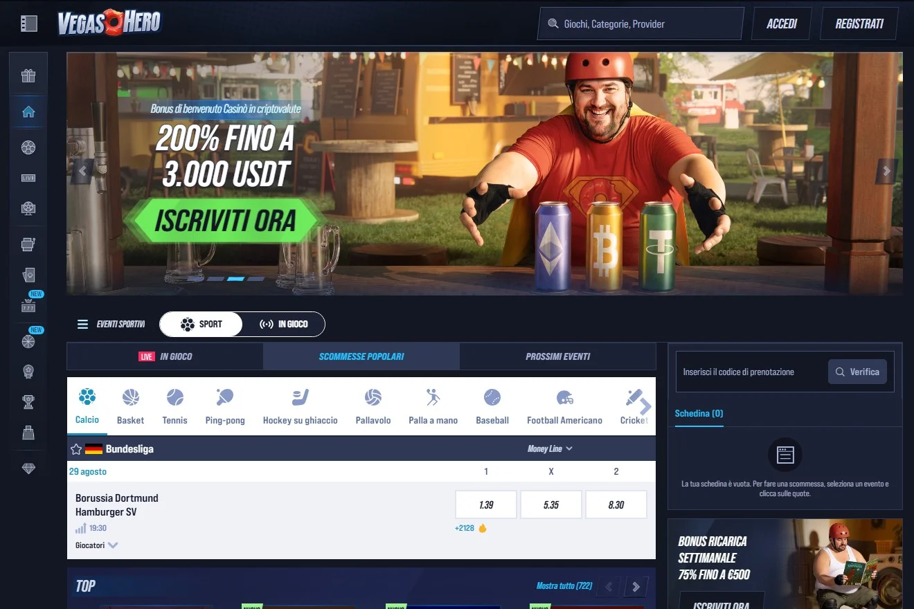 siti scommesse neteller: la homepage del casinò VegasHero