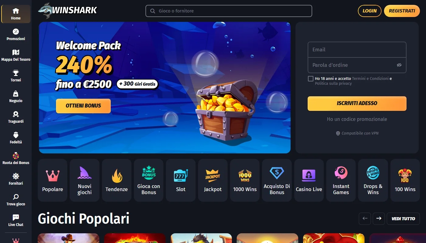 casino non aams con neteller: la pagina principale di WinShark